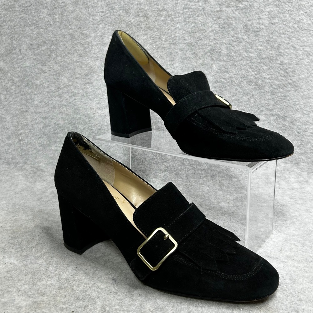 Vince Camuto Giuliann Black Suede Kiltie Loafer Pumps 8.5M Block Heel Buckle